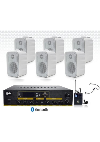 6’lı Duvar Hoparlörlü Yaka Mikrofonlu Bluetooth Anfi Ses Sistemi Seti