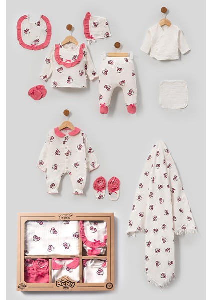 Kız Bebek Hello Kitty Figürlü Müslin Kumaş Yenidoğan 10 Parça Hastane Çıkışı Zıbın Seti