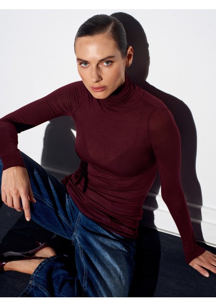 32277 Balıkçı Yaka Kaşmir Bluz-Bordo