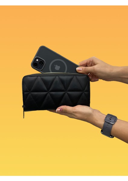 Büyükboy Kadın Çift Fermuarlı Telefon Bölmeli Deri El Çantası Cüzdan Siyah Gold Detaylı