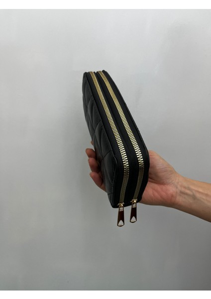 Büyükboy Kadın Çift Fermuarlı Telefon Bölmeli Deri El Çantası Cüzdan Siyah Gold Detaylı modelleri