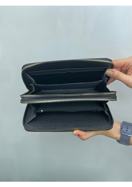 Büyükboy Kadın Çift Fermuarlı Telefon Bölmeli Deri El Çantası Cüzdan Siyah Gold Detaylı fırsatları