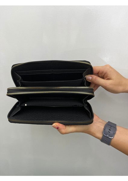Büyükboy Kadın Çift Fermuarlı Telefon Bölmeli Deri El Çantası Cüzdan Siyah Gold Detaylı indirimleri