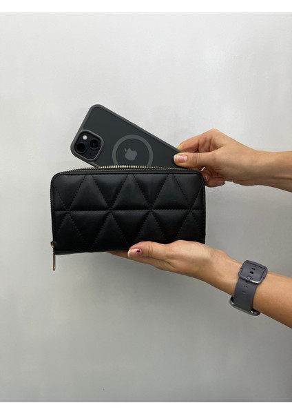 Büyükboy Kadın Çift Fermuarlı Telefon Bölmeli Deri El Çantası Cüzdan Siyah Gold Detaylı