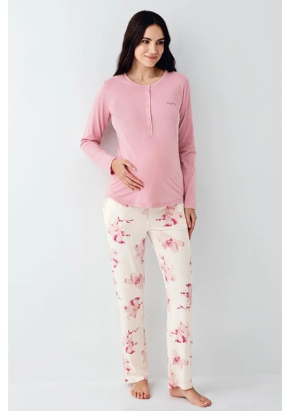 9059 Hamile Lohusa Düğmeli Bisiklet Yaka Pijama Takımı-Gülkurusu