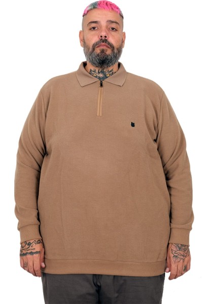 Büyük Beden Erkek Sweat Polo Yaka Waffle Selanik Sütlü Kahve 25822
