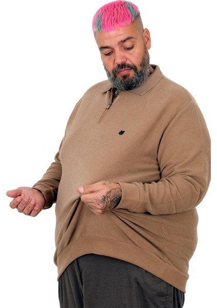 Büyük Beden Erkek Sweat Polo Yaka Waffle Selanik Sütlü Kahve 25822 modelleri