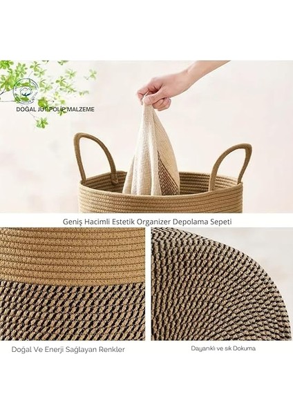 Jüt Hasır Kirli Sepeti Banyo Sepeti Giyisi Havlu Battaniye Dergi Oyuncak Düzenleyici Saksı Sepet Organizer Hafif Kulp Detaylı Yumşak ve Dayanıklı Karavan Organizeri (Hasır-Siyahkırçıl) indirimleri