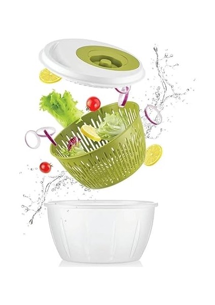 Pratik Salata Kurutucu, Sebze Yeşillik Marul Yıkama ve Kurutma Kabı Leğen Şeklinde Çevirmeli (Beyaz-Yeşil) modelleri