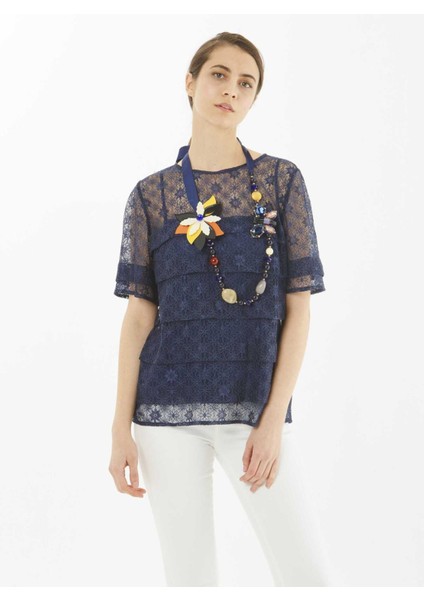 Çiçek Desenli Bluz Lacivert Y9913012_015