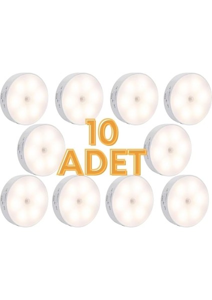 10 Adet Hareket Sensörlü 8 Ledli USB Şarjlı Beyaz LED Işık On/auto/off Modlu Dolap Içi, Koridor