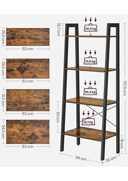 Ayaklı Raf, Kitaplık, 4 Seviyeli Merdiven Rafı, Sağlam Metal Çerçeve, Kolay Montaj, Oturma Odası, Yatak Odası, Mutfak Için, Eski Kahverengi-Siyah LLS44X modelleri