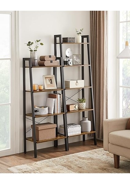 Ayaklı Raf, Kitaplık, 4 Seviyeli Merdiven Rafı, Sağlam Metal Çerçeve, Kolay Montaj, Oturma Odası, Yatak Odası, Mutfak Için, Eski Kahverengi-Siyah LLS44X indirimleri