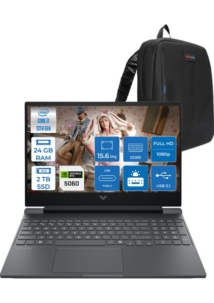 Victus Gaming Intel® Core™ I7-13620H 24GB Ddr5 2tb SSD Rtx™ 5060/8GB Gddr7 15.6" Fhd (1920 x 1080), 144 Hz, IPS,300 Nits Freedos Taşınabilir Bilgisayar C21SFEAF04+ZETTAÇANTA