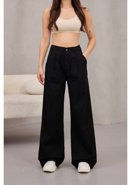 Kadın Yüksek Bel Wide Leg Pileli Palazzo Jeans Pantolon