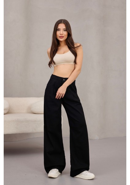 Kadın Yüksek Bel Wide Leg Pileli Palazzo Jeans Pantolon indirimleri