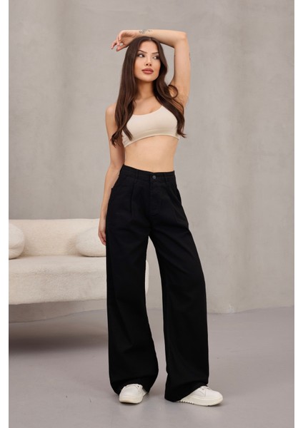 Kadın Yüksek Bel Wide Leg Pileli Palazzo Jeans Pantolon