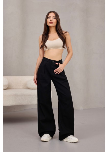 Kadın Yüksek Bel Wide Leg Pileli Palazzo Jeans Pantolon