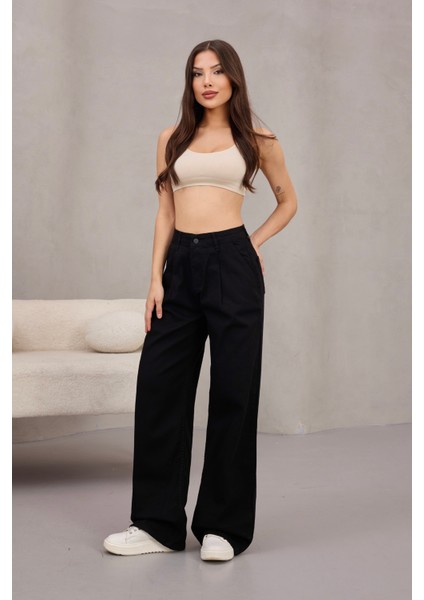 Kadın Yüksek Bel Wide Leg Pileli Palazzo Jeans Pantolon
