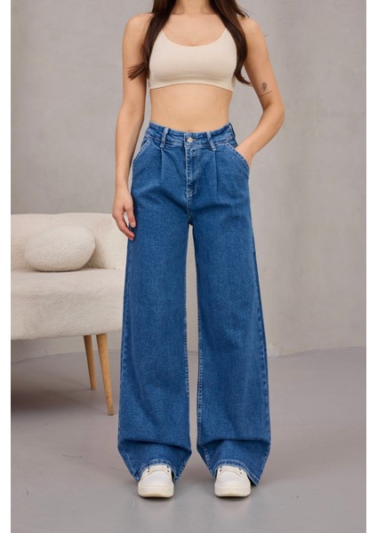 Kadın Yüksek Bel Wide Leg Pileli Palazzo Jeans Pantolon
