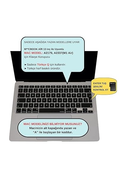 Macbook Air M1 13INÇ Klavye Koruyucu Türkçe Q A2179 A2337 ile Uyumlu Siyah fiyatları