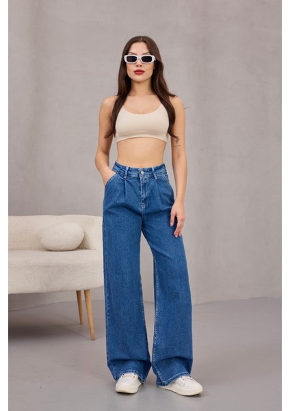 Kadın Yüksek Bel Wide Leg Pileli Palazzo Jeans Pantolon fırsatları