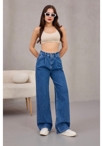 Kadın Yüksek Bel Wide Leg Pileli Palazzo Jeans Pantolon indirimleri
