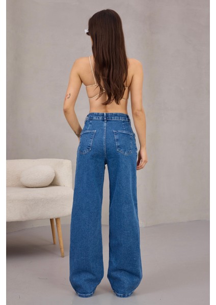 Kadın Yüksek Bel Wide Leg Pileli Palazzo Jeans Pantolon