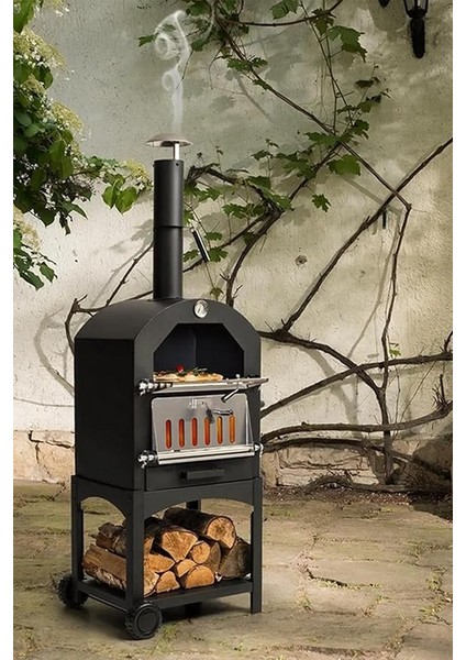 Çok Amaçlı Paslanmaz Çelik Barbekü Krom Kapaklı + Izgaralı Pizza Taşlı -Ekmek-Mangal Fırını 2625S