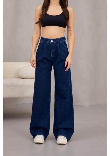Kadın Yüksek Bel Wide Leg Pileli Palazzo Jeans Pantolon
