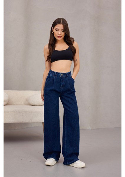 Kadın Yüksek Bel Wide Leg Pileli Palazzo Jeans Pantolon indirimleri