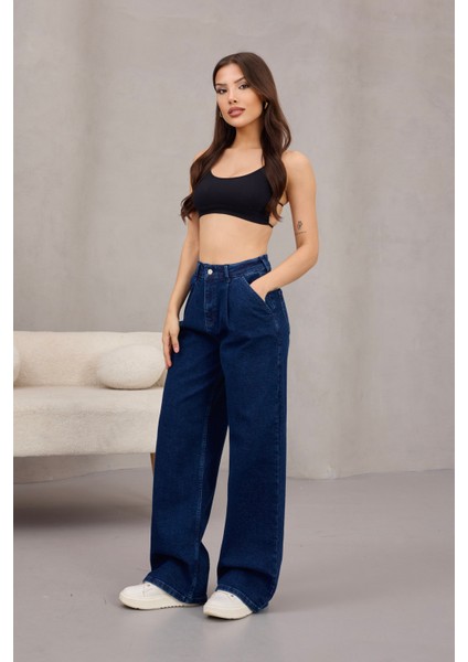 Kadın Yüksek Bel Wide Leg Pileli Palazzo Jeans Pantolon