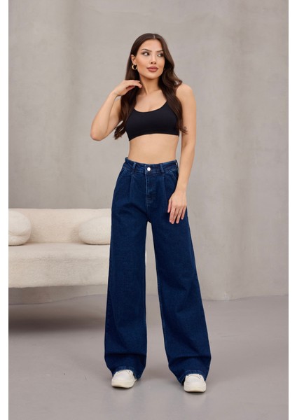 Kadın Yüksek Bel Wide Leg Pileli Palazzo Jeans Pantolon
