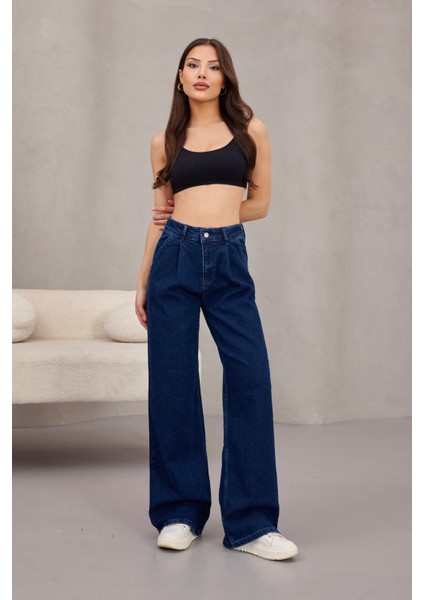 Kadın Yüksek Bel Wide Leg Pileli Palazzo Jeans Pantolon