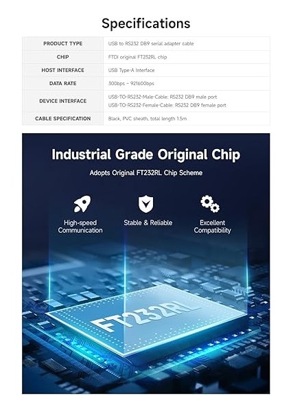 Orijinal FT232RL Ftdı Çip ile Endüstriyel USB RS232 Adaptörü, USB Tip A - RS232 Dişi Db9 (9 Pin) Kasiyer Kayıt, Modem, Tarayıcı, Dijital Kameralar Için Seri Dönüştürücü Kablosu, 1.5m fiyatları