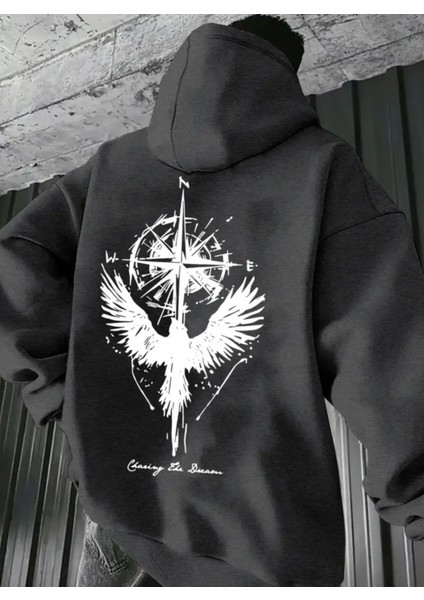 Büyük Beden Özel Tasarım Valhalla Pusulası Sırt Baskılı Süper Oversize Kapüşonlu Erkek Sweatshırt