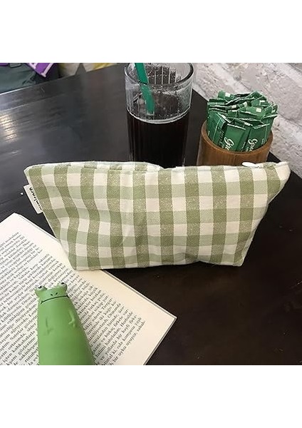 Pötikareli Yıkanabilir Fermuarlı Tek Gözlü Bez Kalemlik Kalem Kutusu Cüzdan Makyaj Çantası Bez Kalem Kesesi (Yeşil) modelleri