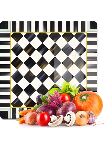 Cam Kesme Tahtası ve Sunumluk Kare Mackenzie Siyah Beyaz Dama Desenli 30X30 cm