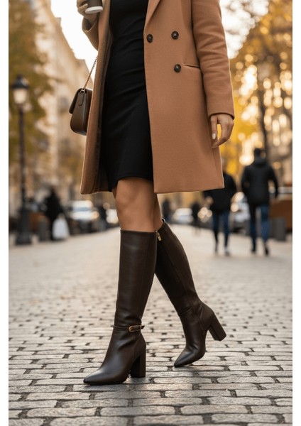 Alexa Kahverengi Deri Topuklu ( 9 cm Topuklu ) Yanı Fermuarlı Günlük Kullanım Çizme modelleri