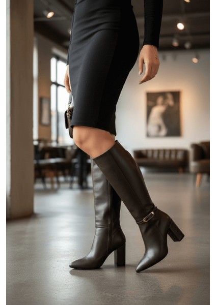 Alexa Kahverengi Deri Topuklu ( 9 cm Topuklu ) Yanı Fermuarlı Günlük Kullanım Çizme indirimleri