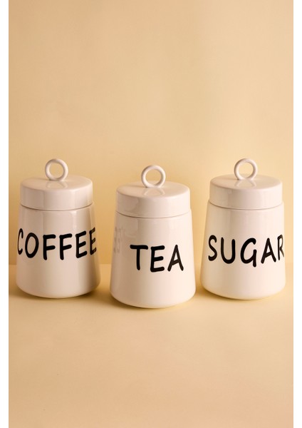 Luca 3'lü Ergonomik Yuvarlak Porselen Kulplu Kapaklı Kavanoz Seti