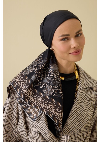 Şakayık Siyah-Gri Tivil Ipek Eşarp 90X90