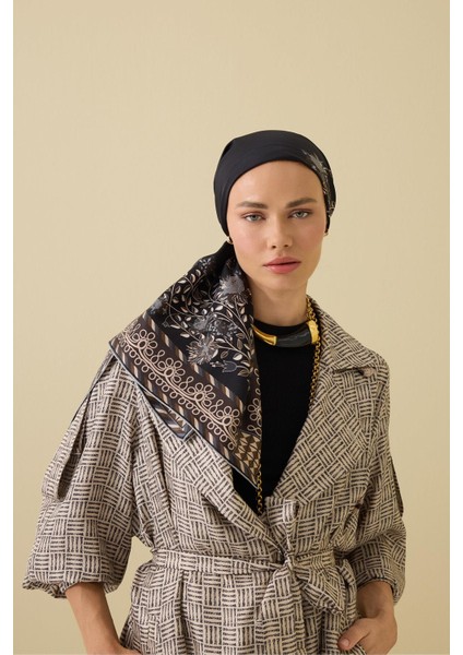 Şakayık Siyah-Gri Tivil Ipek Eşarp 90X90 indirimleri