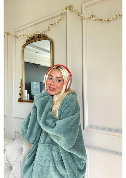 Koyu Mint Kapşonlu Tam Peluş Oversize Sweat Panço Pijama modelleri