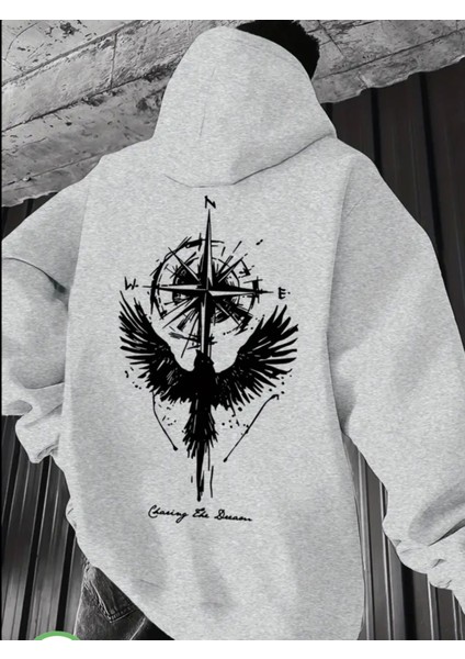 Büyük Beden Özel Tasarım Valhalla Pusulası Sırt Baskılı Süper Oversize Kapüşonlu Erkek Sweatshırt