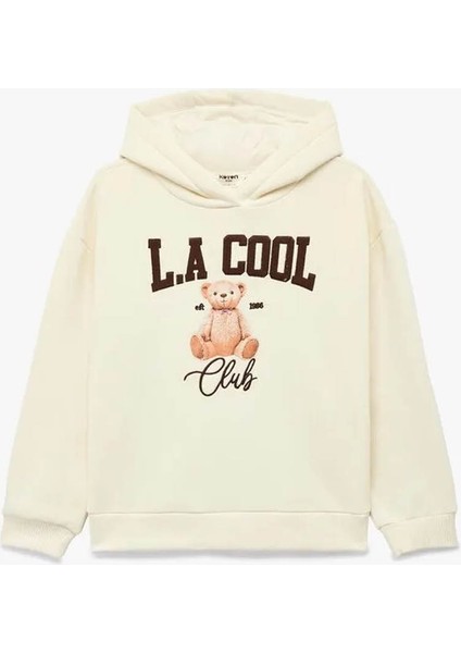Ayıcık Baskı Detaylı Oversize Kapşonlu Bej Kız Çocuk Sweatshirt 6WKG10206AK