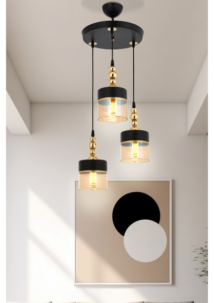 Oslo 3’lü Sarkıt Avize Bal Siyah Camlı Modern Dekoratif Aydınlatma