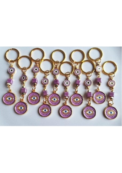 Hediyelik 10'lu Nazar Boncuklu Mor Anahtarlık (Boyu 10,5 Cm) Kurumsal Hediyelik - Öğretmenler Günü Hediyesi