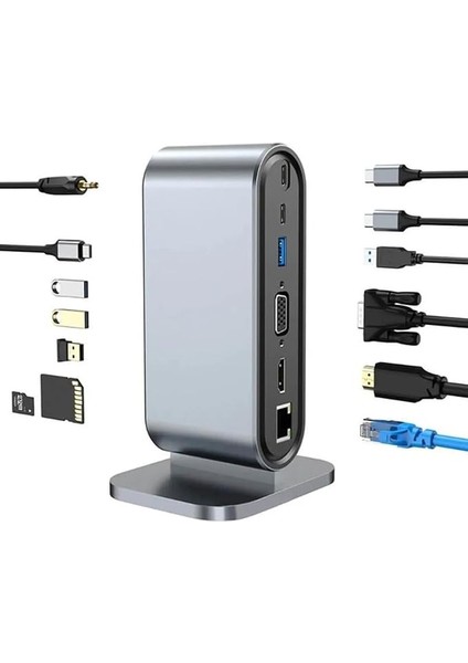 USB C To Hdtv + VGA + 7 Ports Hub + Sd/tf Readcarder Sb C Hub Dizüstü Bilgisayar Bağlantı Istasyonu, VGA ile 12'si 1 Arada Dock, HDMI 4k, 100MBPS Ethernet, 3 x Usb-A 3.0 ve 100W Usb- ZR773