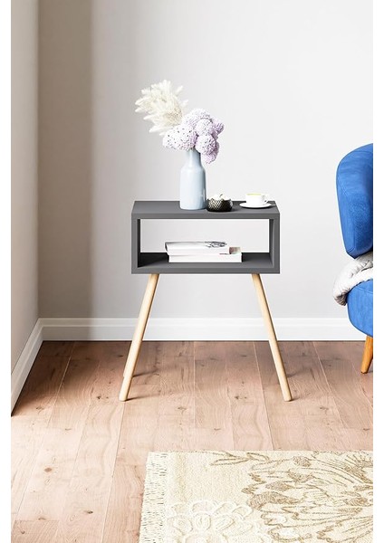 Ahşap Ayaklı Raflı Komodin - Antrasit Gri fırsatları